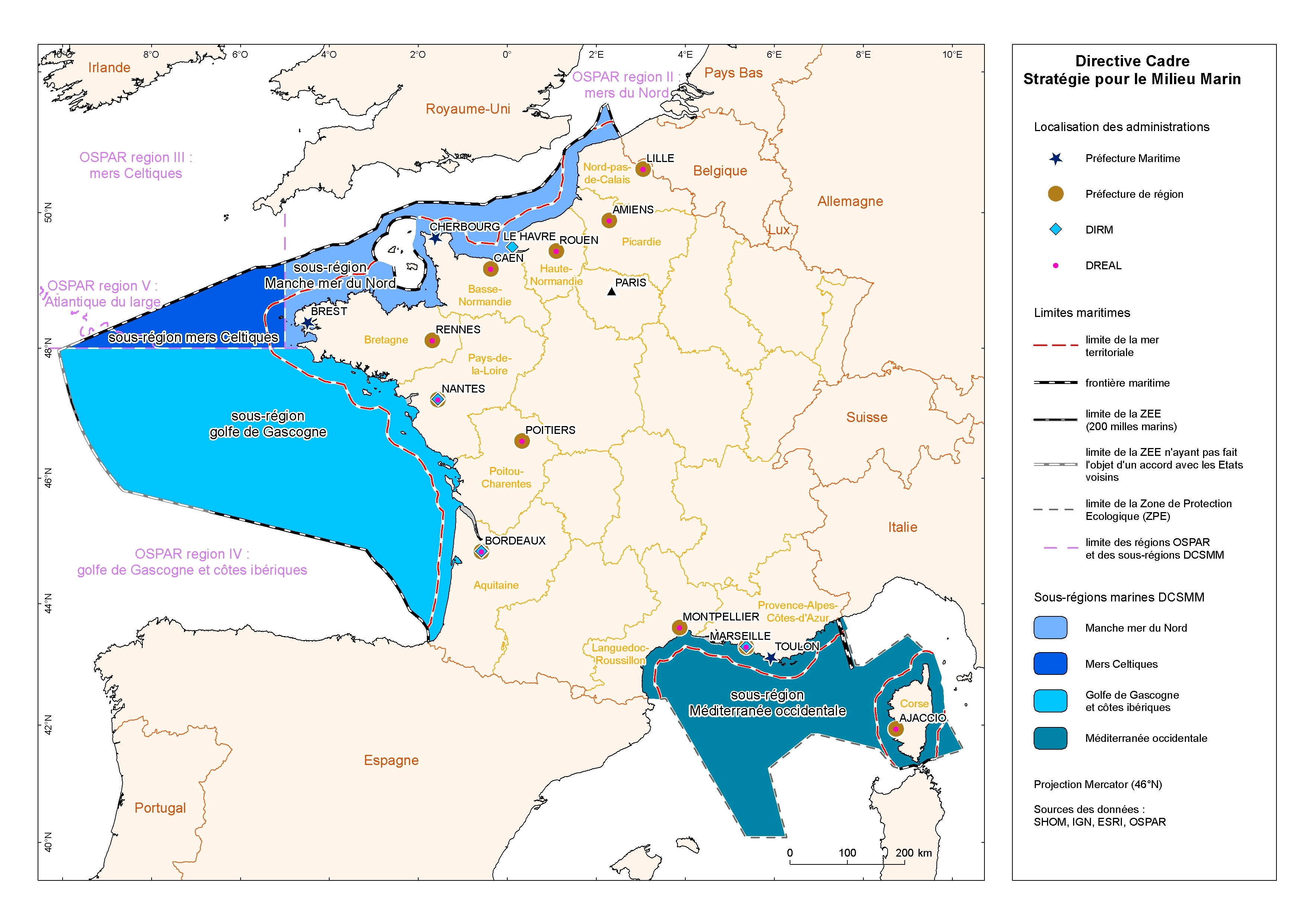 Carte détaillant les sous-régions marines