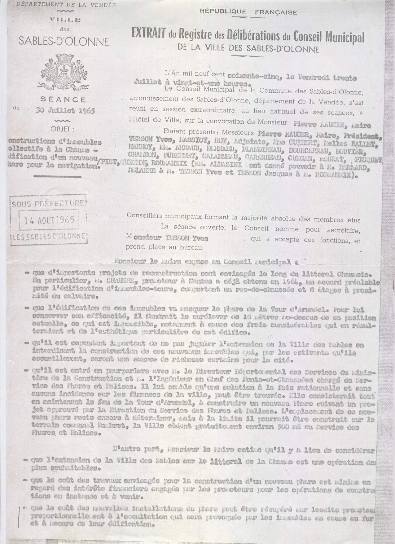 Délibération du conseil municipal décidant la construction du phare