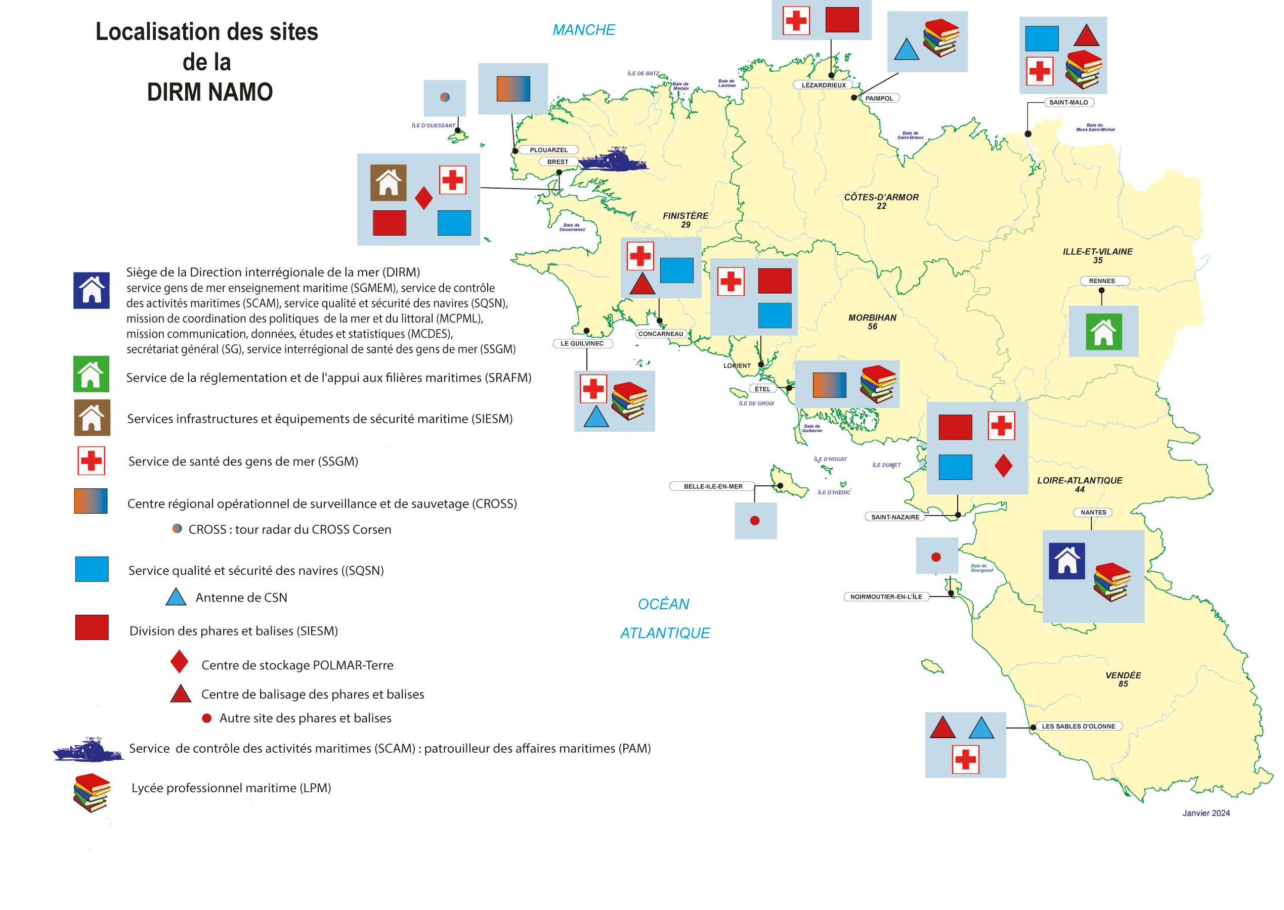 Carte des sites de la DIRM NAMO
