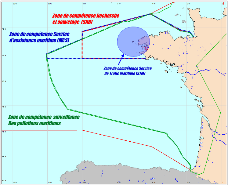 Le CROSS Corsen est compétent sur une zone de responsabilité [région recherche et sauvetage (SRR)] de 50 000 km² environ.